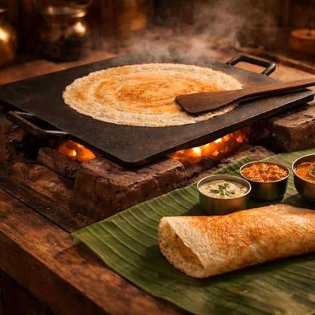 12 Inch Cast Iron Dosa Tawa with Free Turner, Pre-Seasoned Heavy Duty Flat Tawa with Dual Handles, Induction & Gas Stove Compatible, Ideal for Crispy Dosa, Roti, Chapati, Paratha & Pancakes