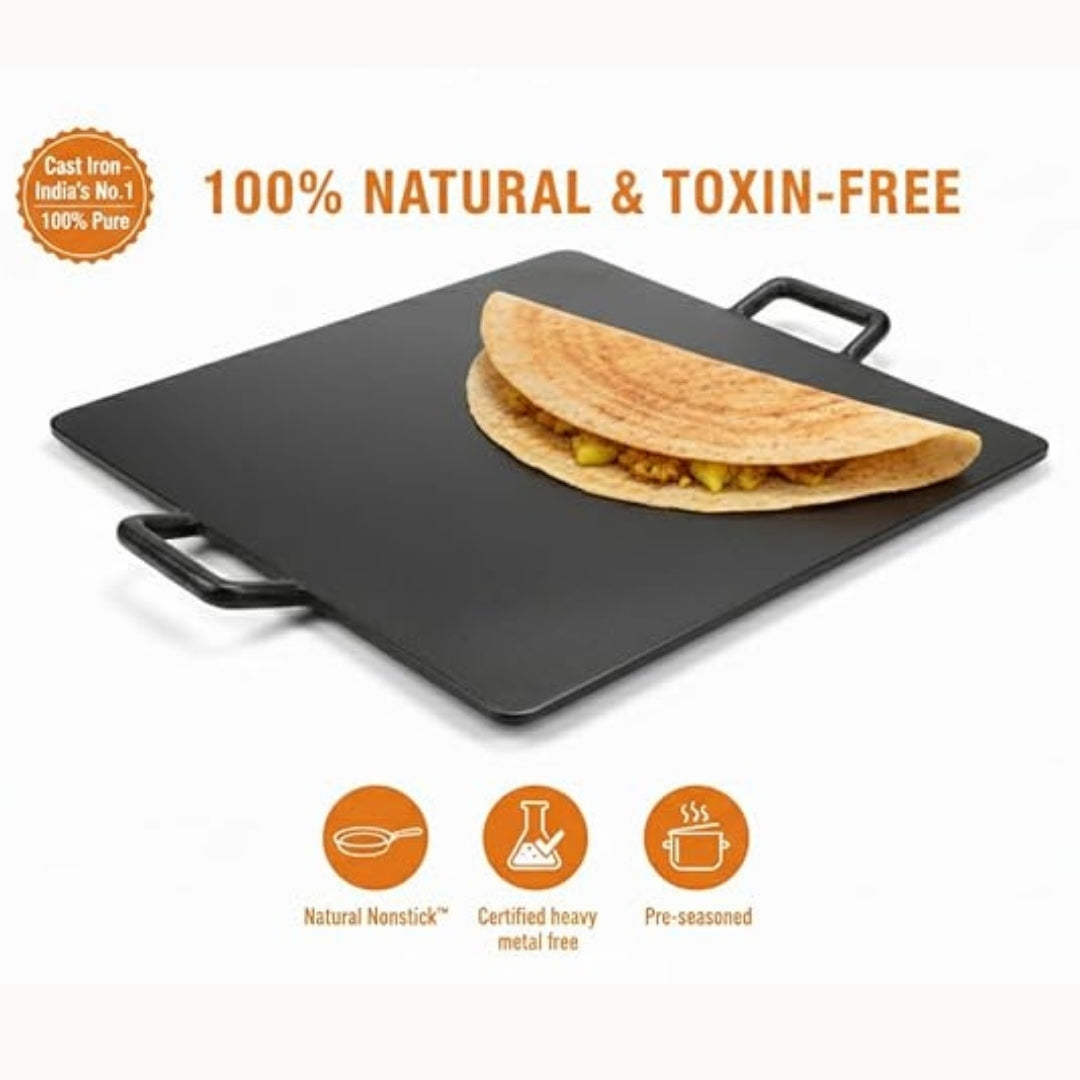 12 Inch Cast Iron Dosa Tawa with Free Turner & Dual Handles – Induction & Gas Compatible