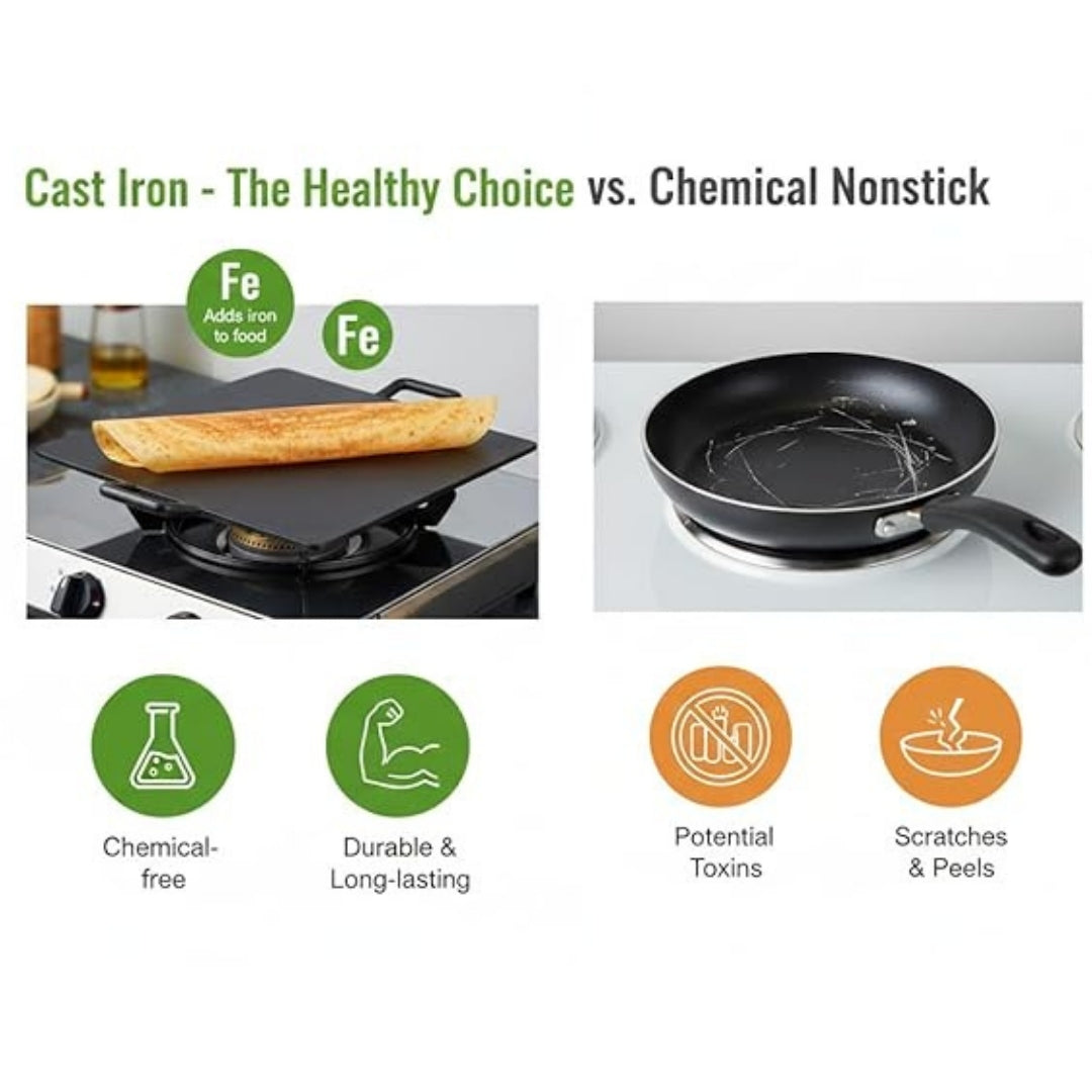 12 Inch Cast Iron Dosa Tawa with Free Turner & Dual Handles – Induction & Gas Compatible