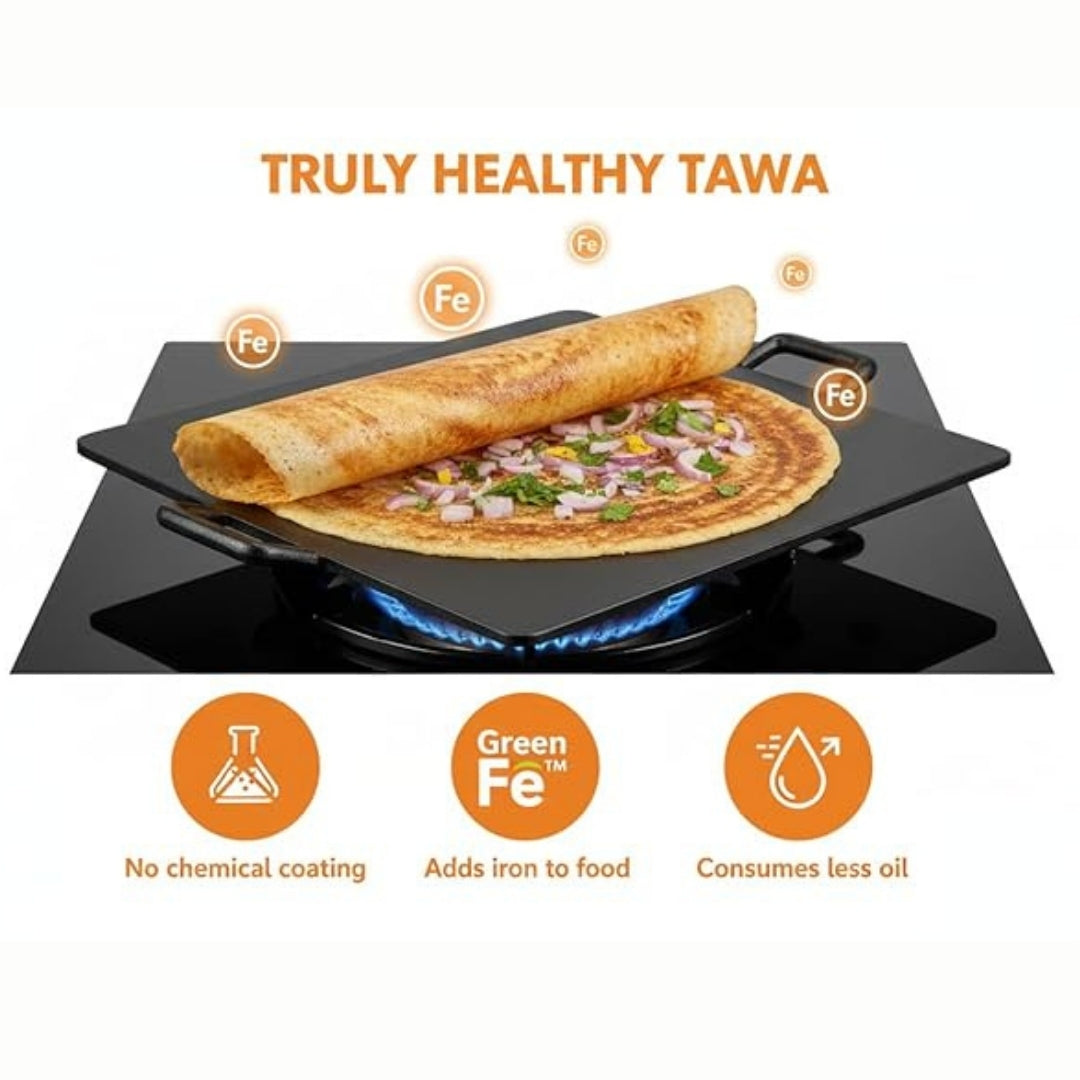 12 Inch Cast Iron Dosa Tawa with Free Turner & Dual Handles – Induction & Gas Compatible