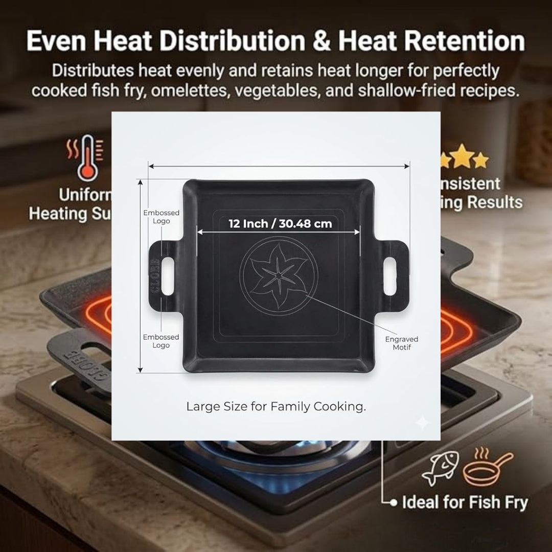 Iron Fry Pan with Handle, Flat Base for Even Heat Distribution, Heavy Duty & No Chemical Coating, Ideal for Fish Fry, Sandwich, Shallow Frying, Roasting - Black (12inch/30.48 cm)