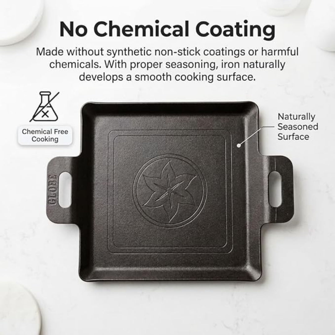 Iron Fry Pan with Handle – 12 Inch Flat Base, No Chemical Coating