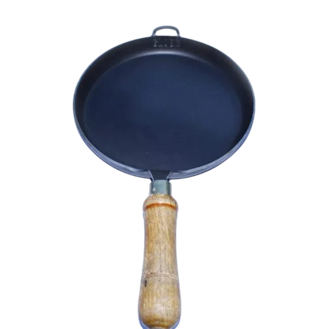 Iron Fish Fry Skillet & Omelette Tawa with Wooden Handle – Medium