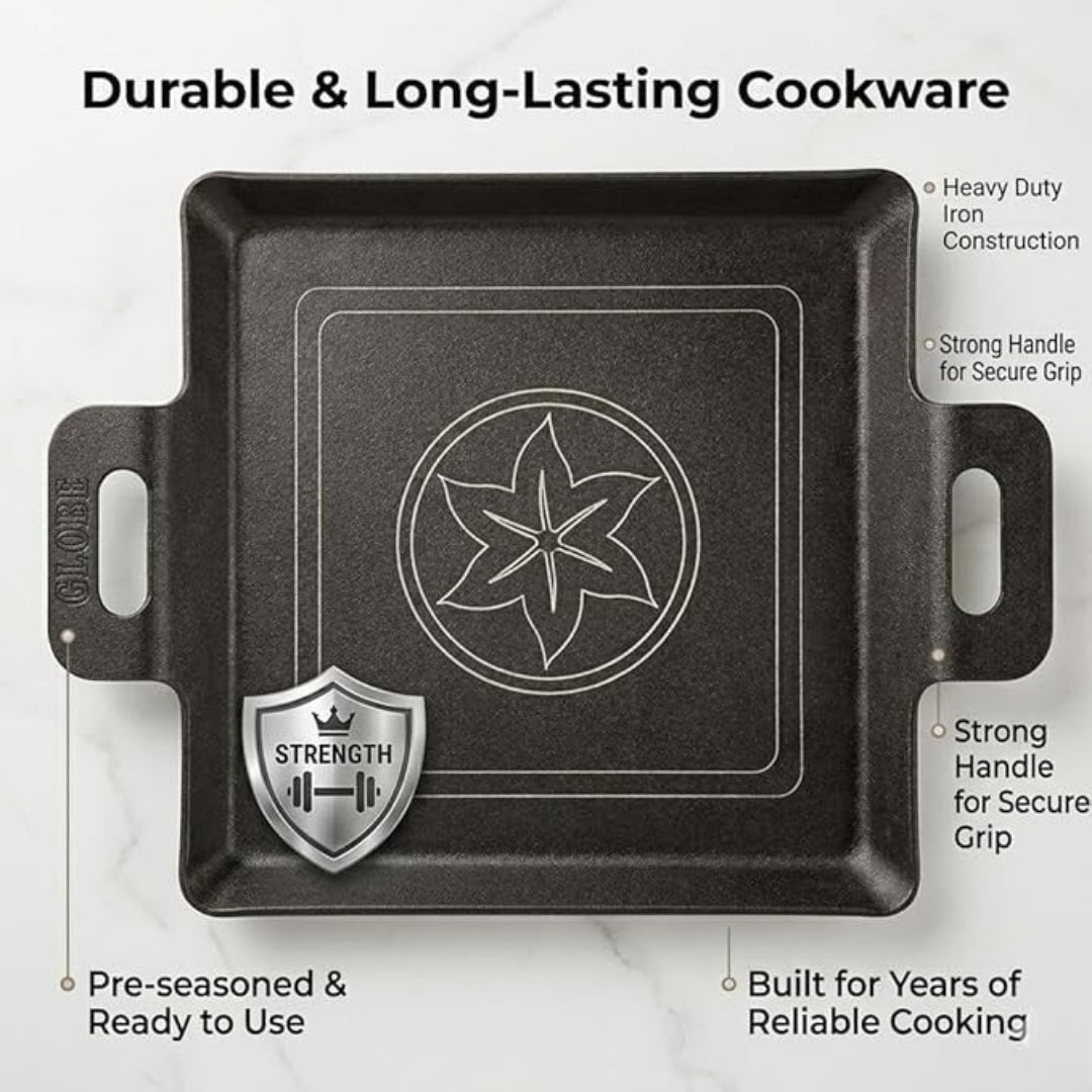 Iron Fry Pan with Handle – 12 Inch Flat Base, No Chemical Coating