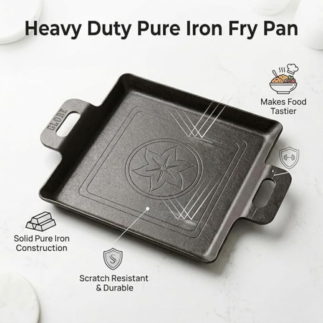 Iron Fry Pan with Handle – 12 Inch Flat Base, No Chemical Coating