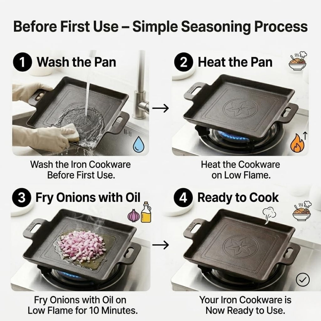 Iron Fry Pan with Handle – 12 Inch Flat Base, No Chemical Coating