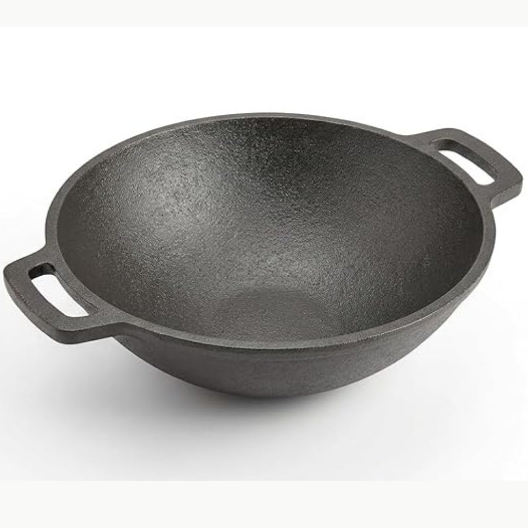 Cast Iron Kadai with Flat Handles – Pre-Seasoned, Natural Non-Stick, Toxin-Free