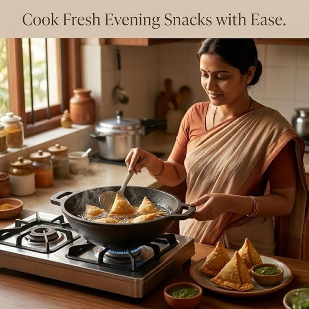 Cast Iron Kadai with Flat Handles – Pre-Seasoned, Natural Non-Stick, Toxin-Free