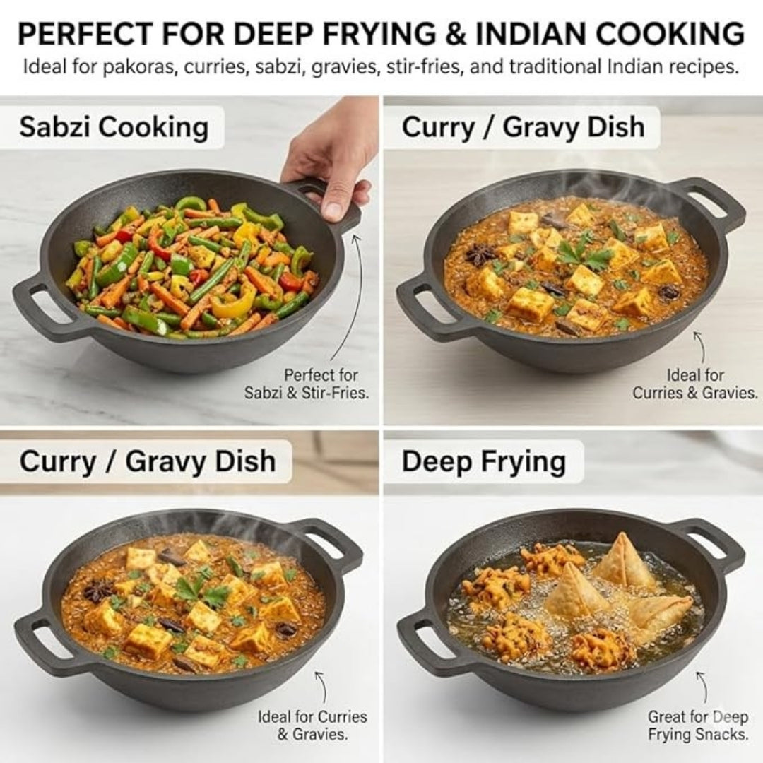 Cast Iron Kadai with Flat Handles – Pre-Seasoned, Natural Non-Stick, Toxin-Free