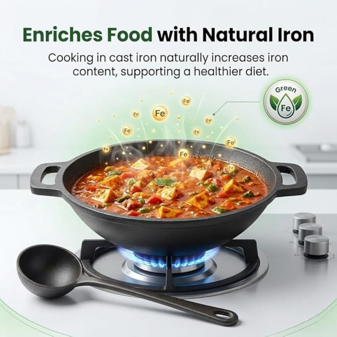 Cast Iron Kadai with Flat Handles – Pre-Seasoned, Natural Non-Stick, Toxin-Free