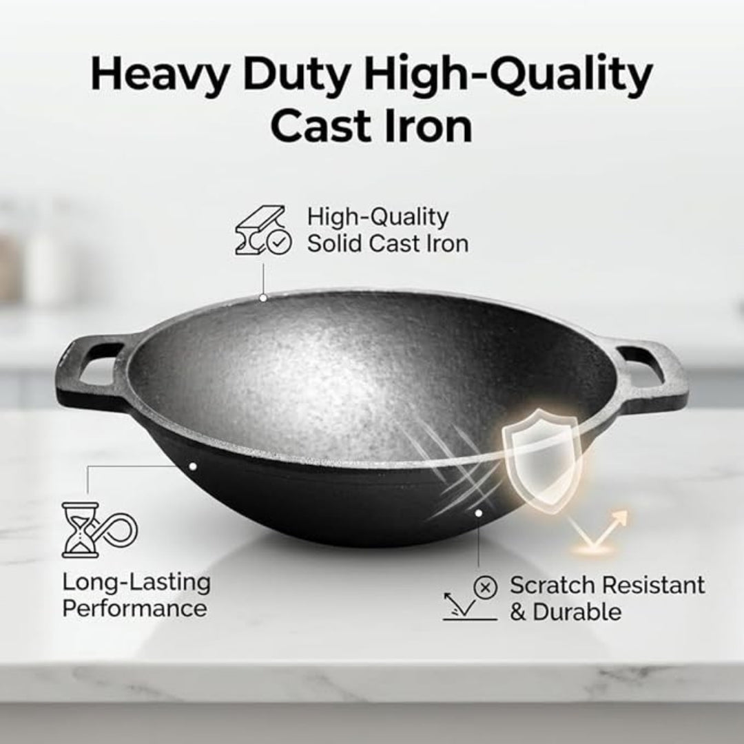 Cast Iron Kadai with Flat Handles – Pre-Seasoned, Natural Non-Stick, Toxin-Free