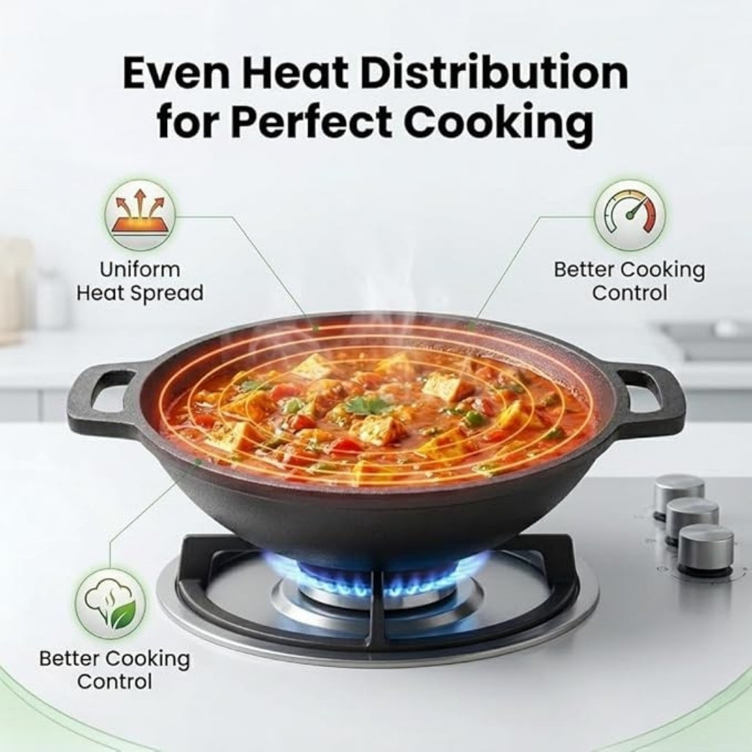 Cast Iron Kadai with Flat Handles – Pre-Seasoned, Natural Non-Stick, Toxin-Free