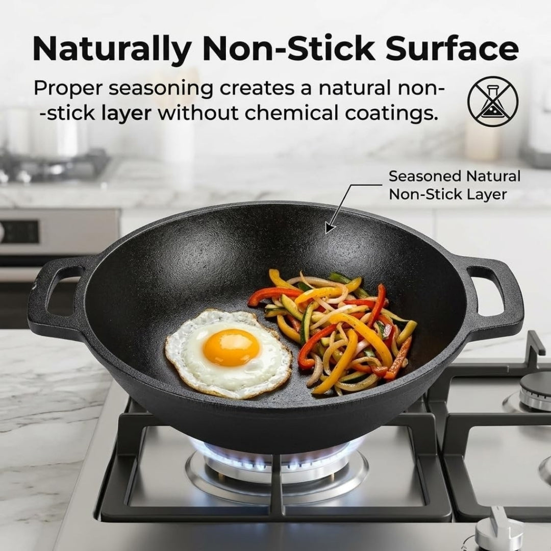 Cast Iron Kadai with Flat Handles – Pre-Seasoned, Natural Non-Stick, Toxin-Free