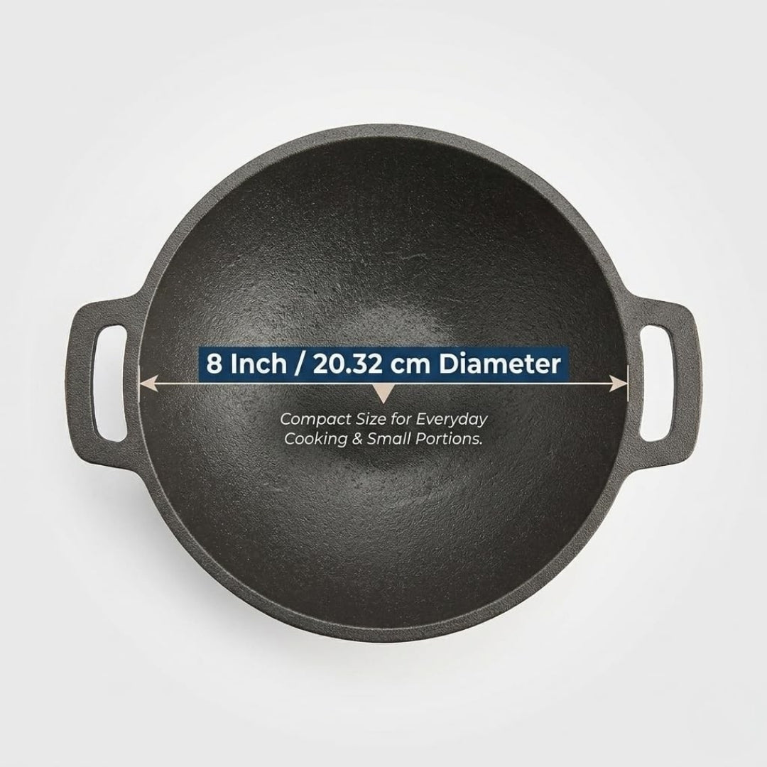Cast Iron Kadai with Flat Handles – Pre-Seasoned, Natural Non-Stick, Toxin-Free
