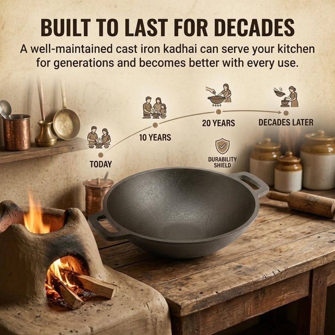 Cast Iron Kadai with Flat Handles – Pre-Seasoned, Natural Non-Stick, Toxin-Free