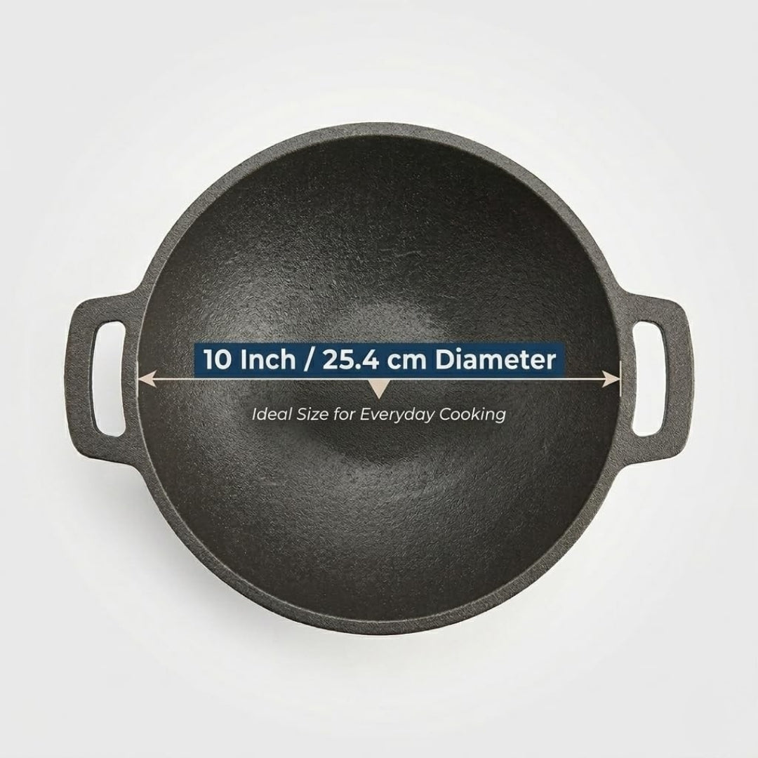 Cast Iron Kadai with Flat Handles – Pre-Seasoned, Natural Non-Stick, Toxin-Free