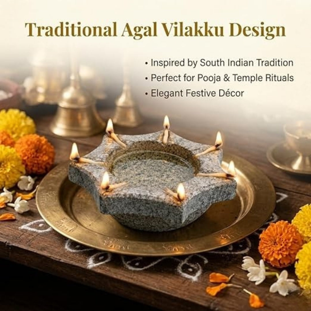 Granite Stone Agal Vilakku – Grey Traditional Oil Lamp, 4.5 Inch