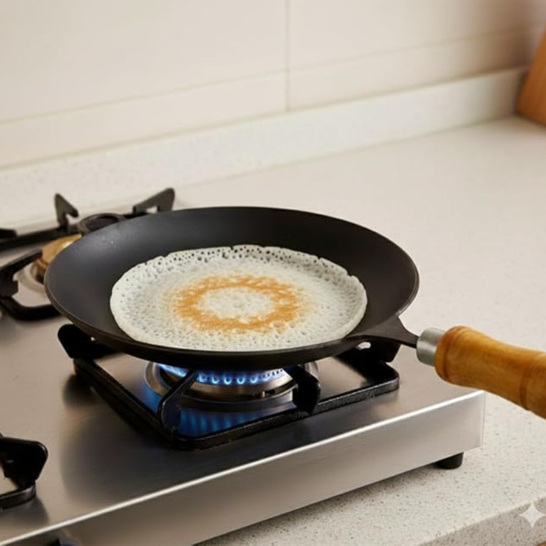 8 Inch Traditional Iron Appam Pan with Wooden Handle