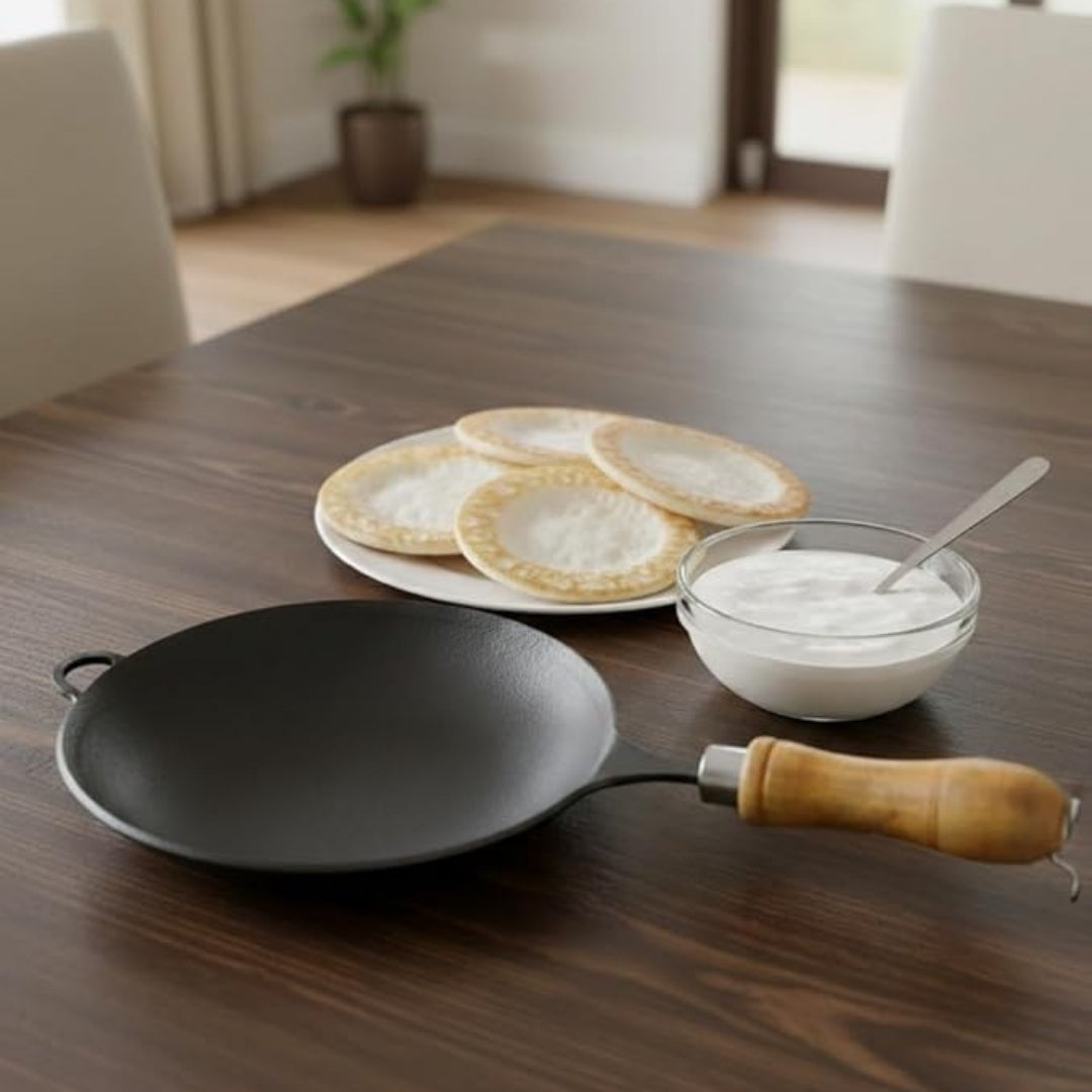 8 Inch Traditional Iron Appam Pan with Wooden Handle