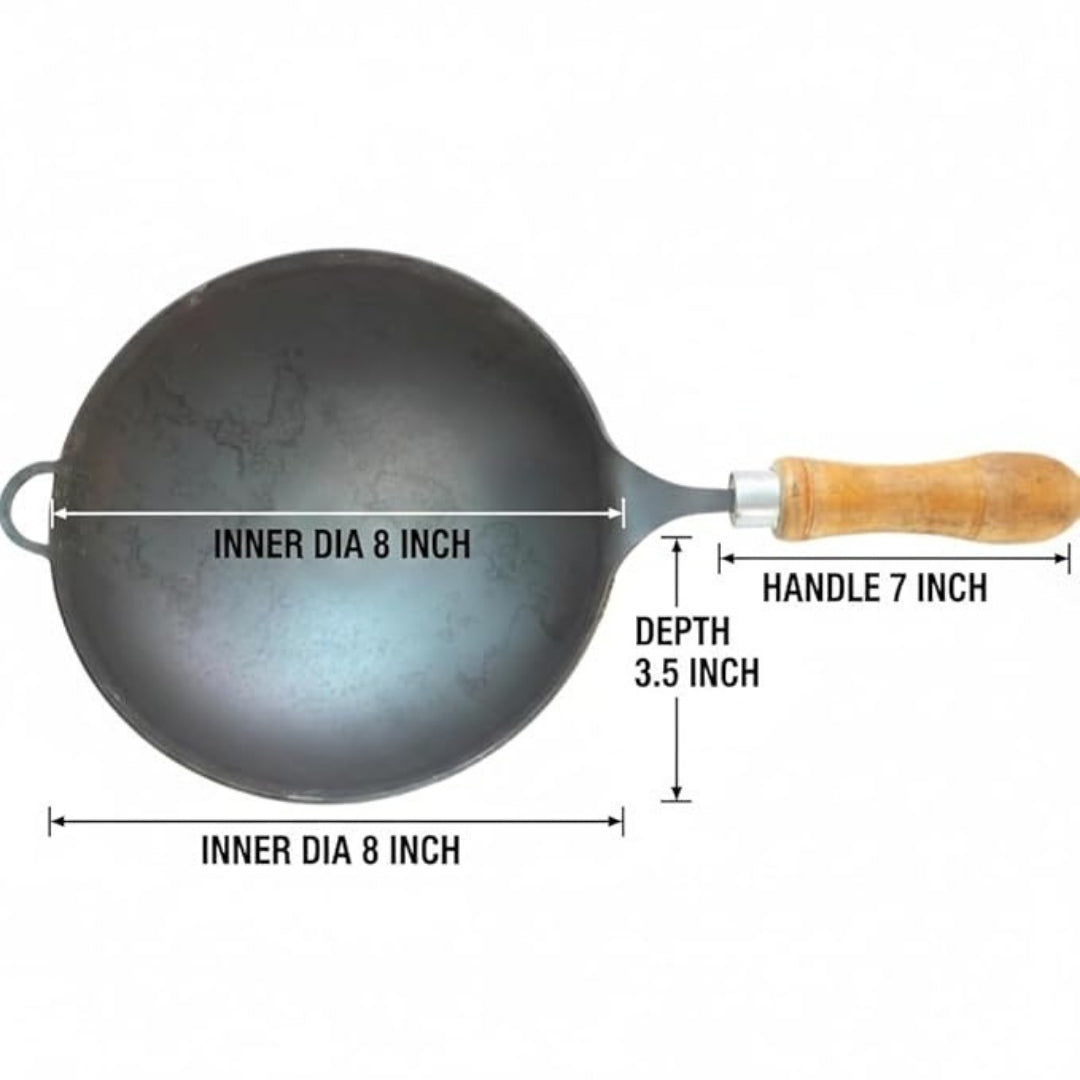 8 Inch Traditional Iron Appam Pan with Wooden Handle