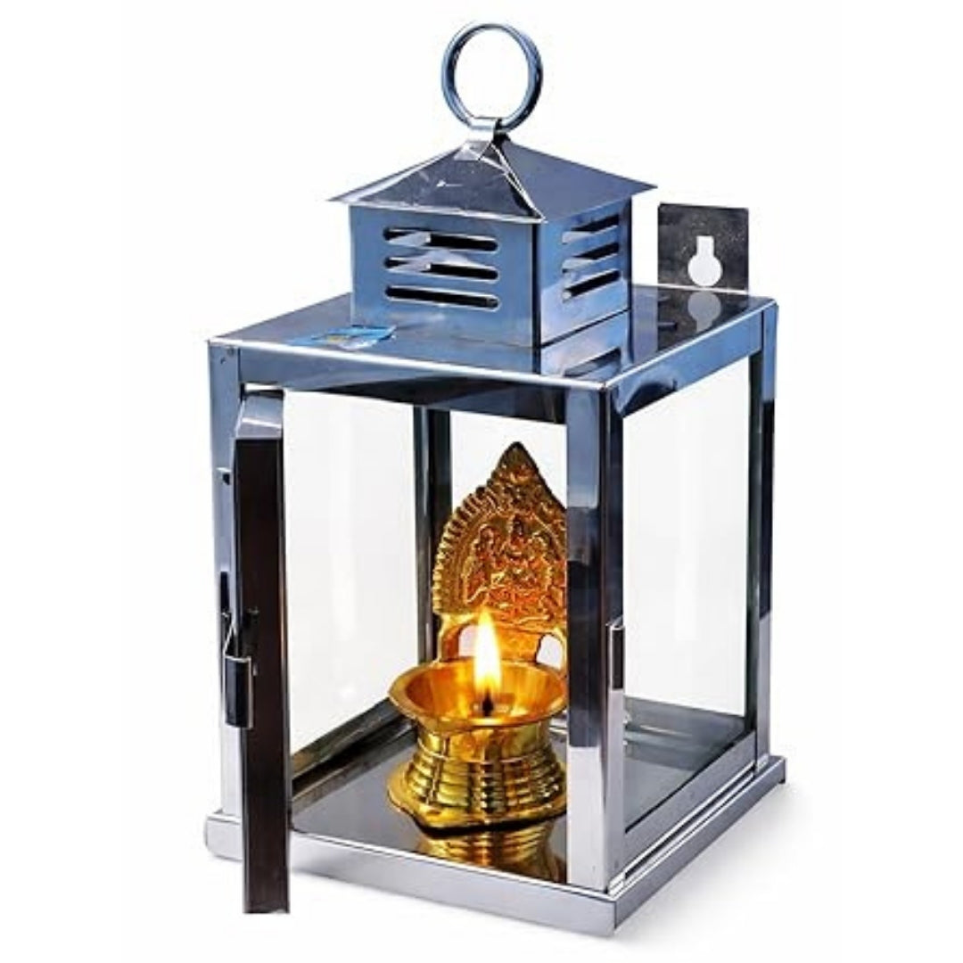 Stainless Steel Wall Mounted Oil Lamp with Glass Cover – Windproof Hanging Diya (Small)