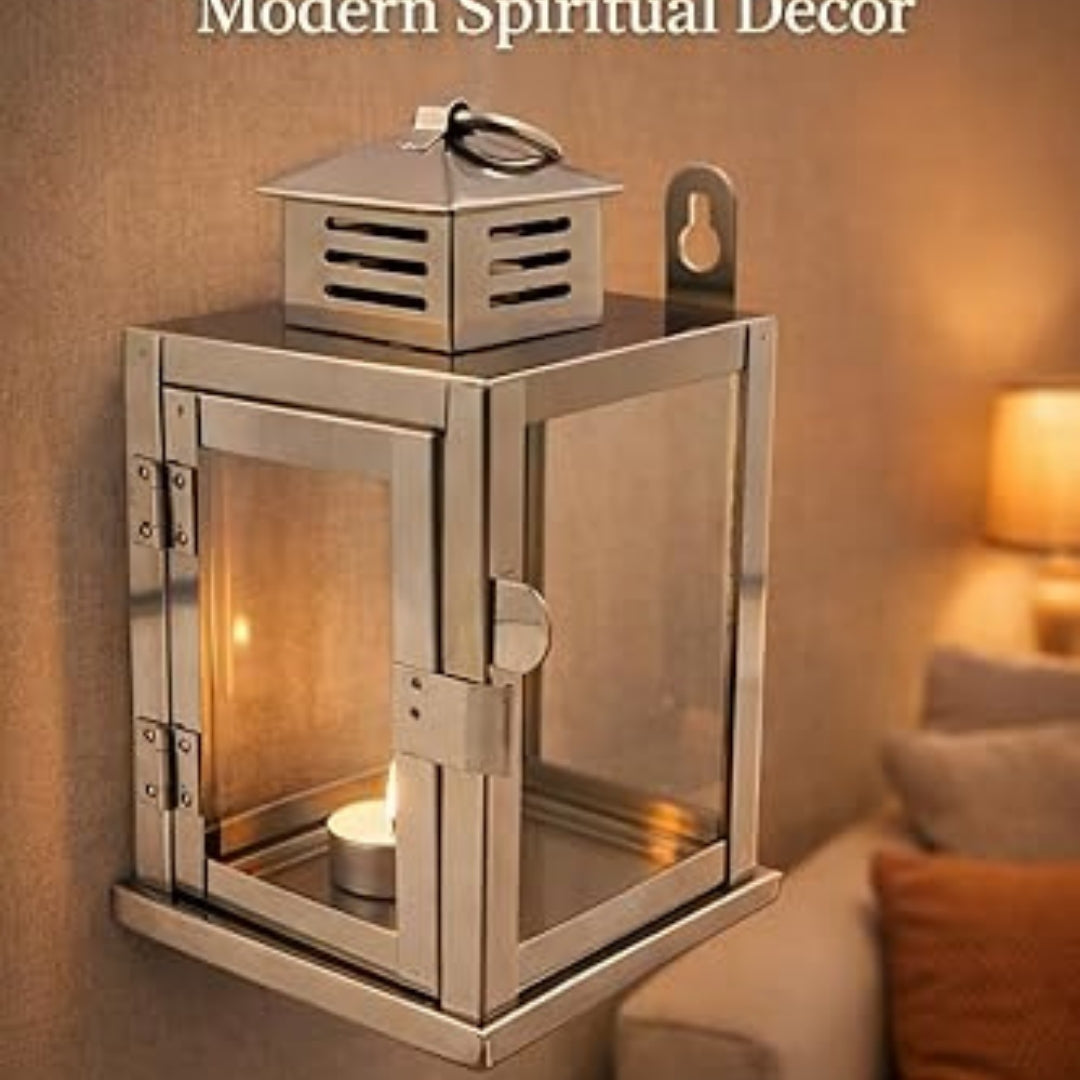 Stainless Steel Wall Mounted Oil Lamp with Glass Cover – Windproof Hanging Diya (Small)