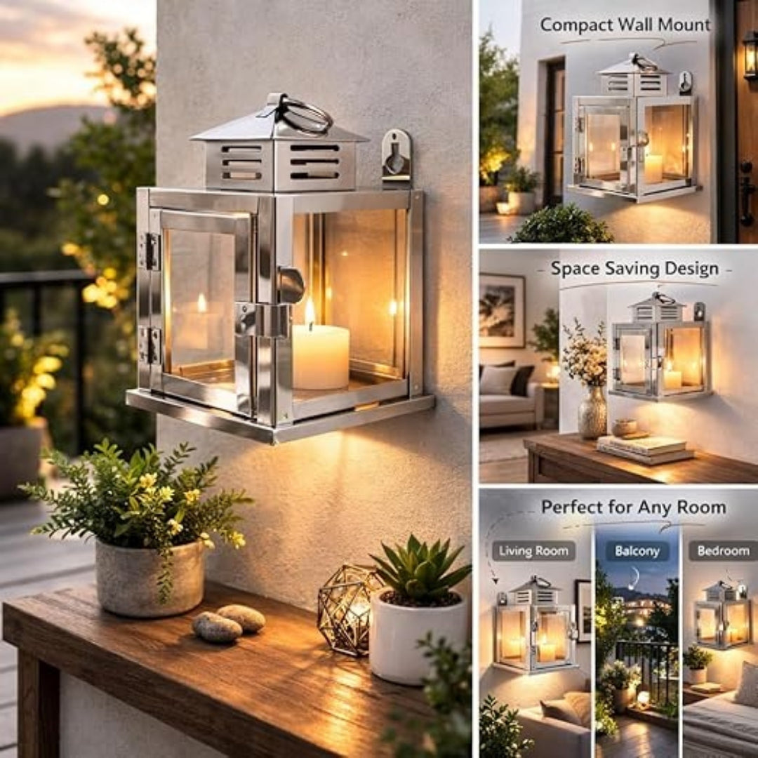 Stainless Steel Wall Mounted Oil Lamp with Glass Cover – Windproof Hanging Diya (Small)
