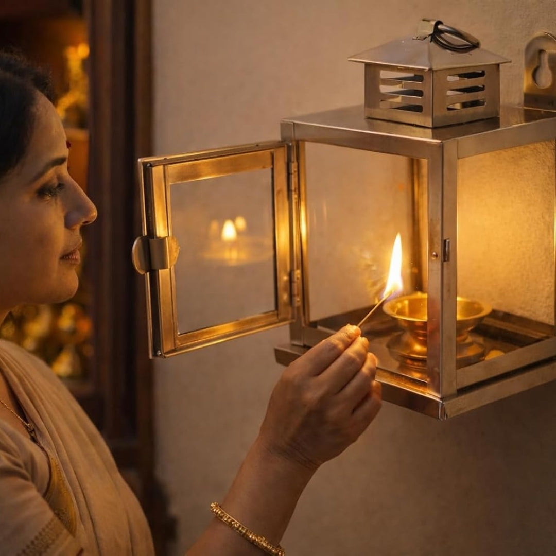 Stainless Steel Wall Mounted Oil Lamp with Glass Cover – Windproof Hanging Diya (Small)