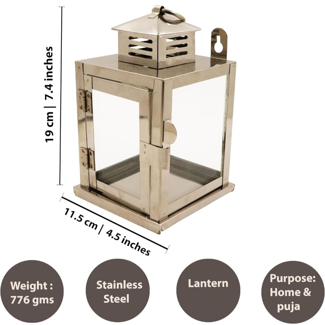 Stainless Steel Wall Mounted Oil Lamp with Glass Cover – Windproof Hanging Diya (Small)