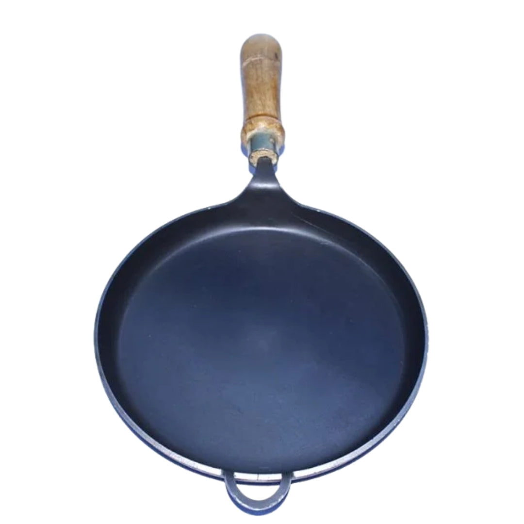 Iron Fish Fry Skillet & Omelette Tawa with Wooden Handle – Medium