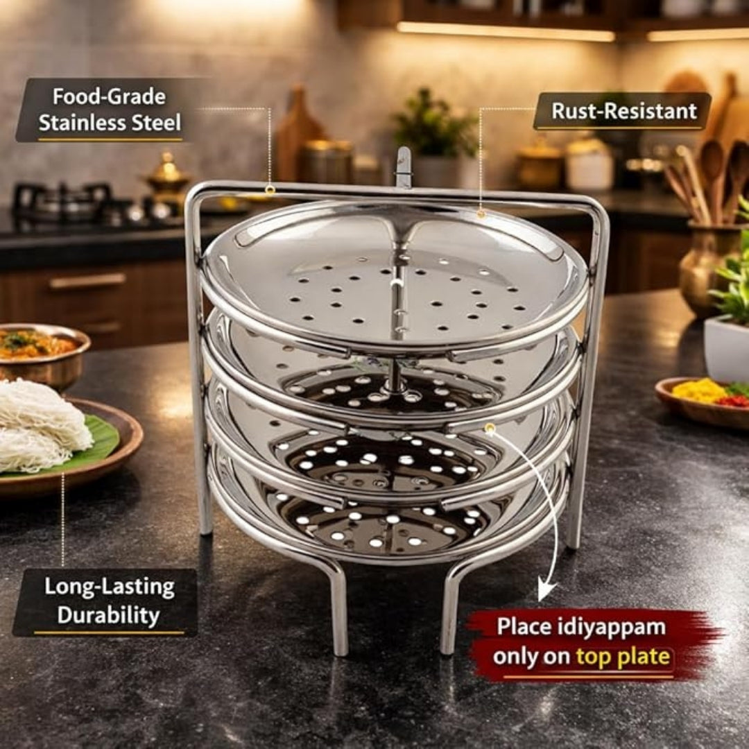 Stainless Steel Idiyappam Plate / Puttu Stand – 4 Plates (Silver)