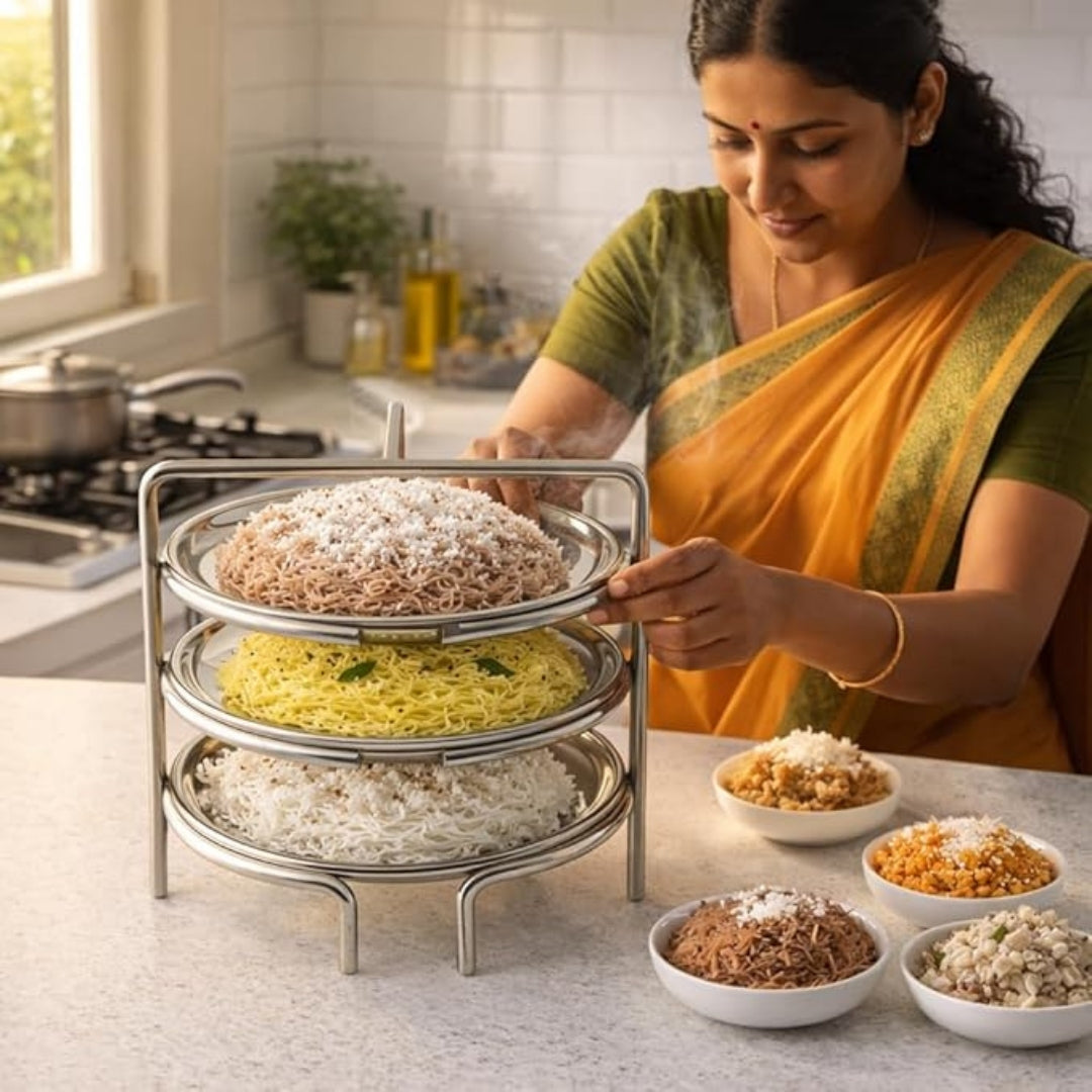 Stainless Steel Idiyappam Plate / Puttu Stand – 3 Plates (Silver)