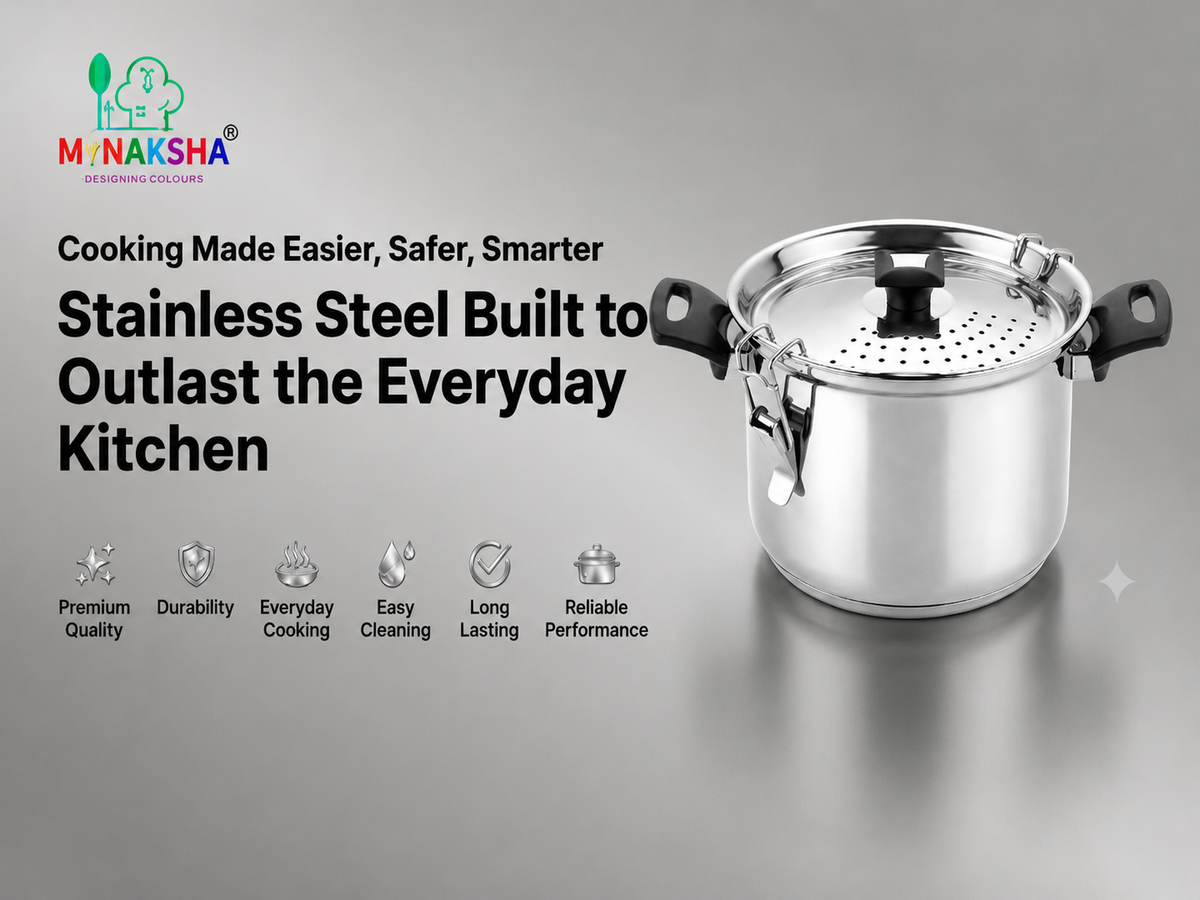 Nakshathra Stainless Steel Rice Strainer Pot with Lid, Heavy Base Rice Cooker with Locking Handles, Induction & Gas Compatible, Drain Easily, Ideal for Pasta, Lentils,Noodles & Vegetables