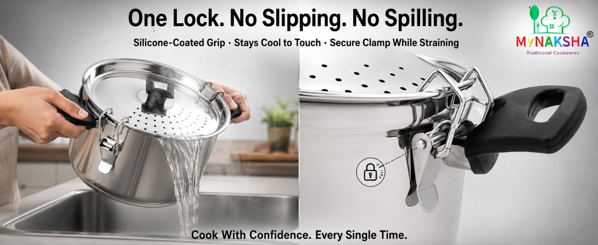 Nakshathra Stainless Steel Rice Strainer Pot with Lid, Heavy Base Rice Cooker with Locking Handles, Induction & Gas Compatible, Drain Easily, Ideal for Pasta, Lentils,Noodles & Vegetables