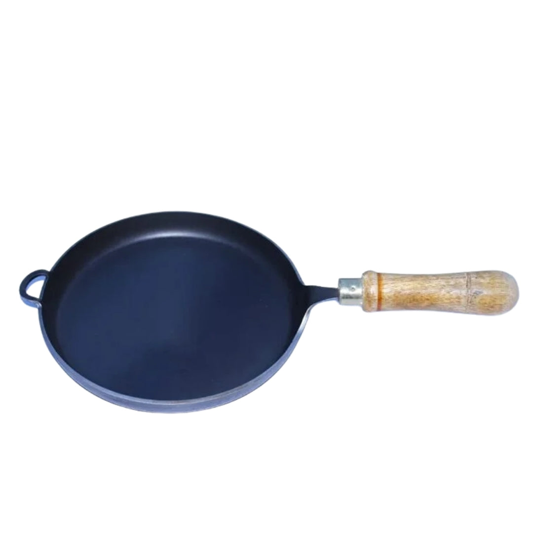 Iron Fish Fry Skillet & Omelette Tawa with Wooden Handle – Medium