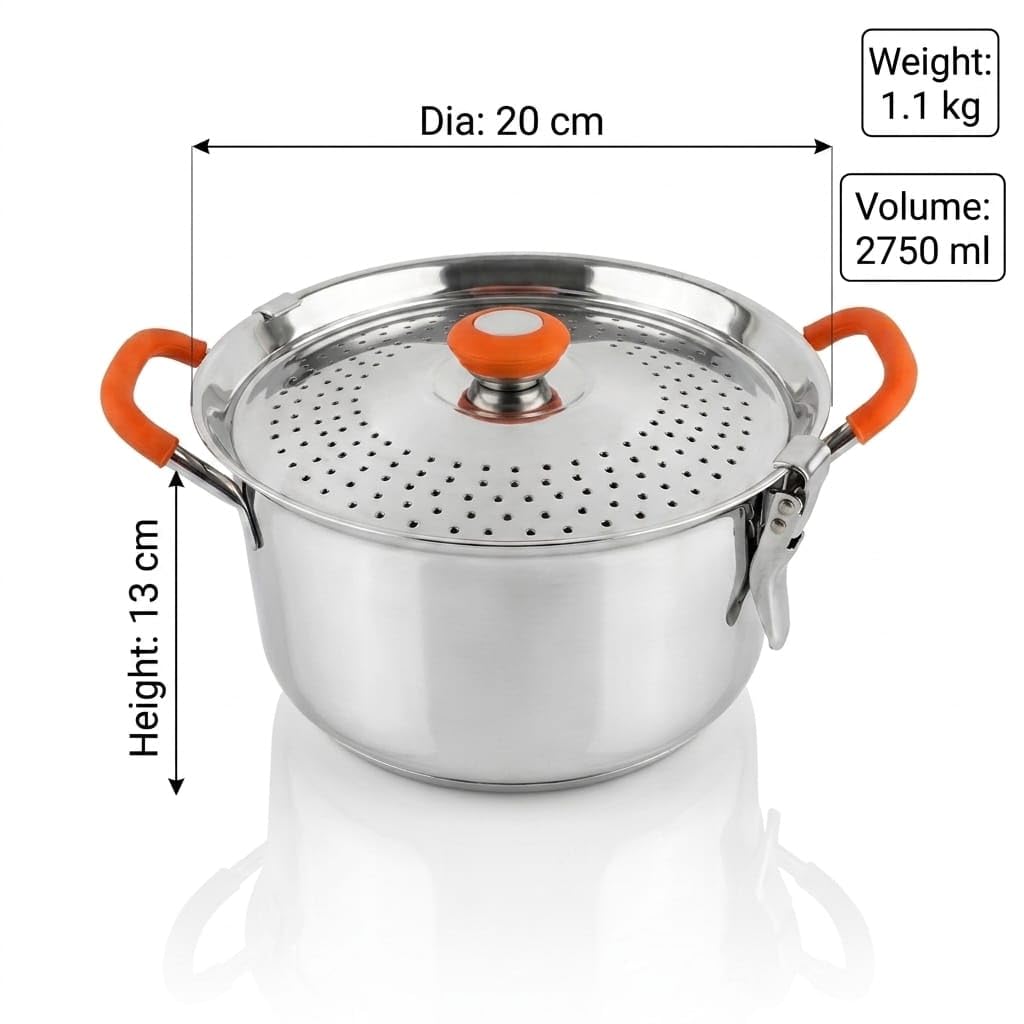 Stainless Steel Stainer Pot with Double Lid, Heavy Base 0.8 CM Rice Cooker with Locking Handles, Induction & Gas Compatible, Drain Easily, Ideal for Pasta, Noodles & Vegetables