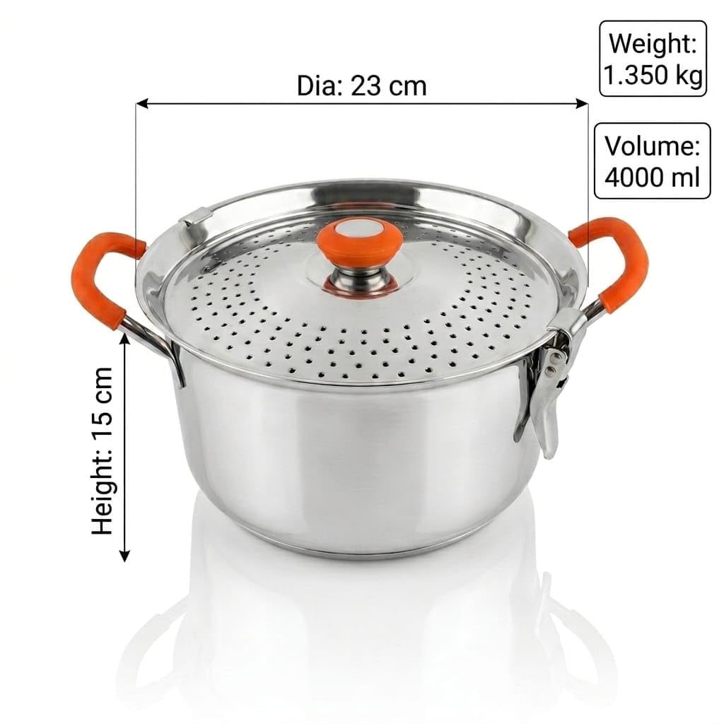 Stainless Steel Stainer Pot with Double Lid, Heavy Base 0.8 CM Rice Cooker with Locking Handles, Induction & Gas Compatible, Drain Easily, Ideal for Pasta, Noodles & Vegetables
