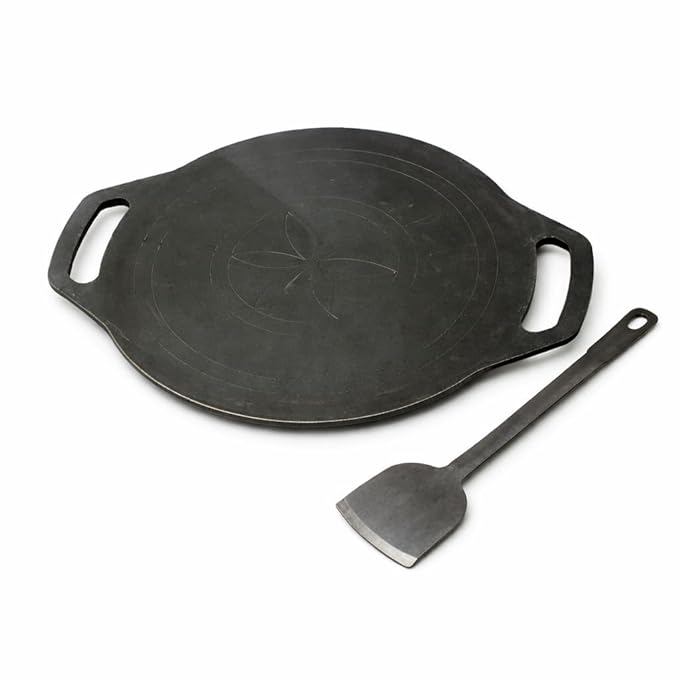 Iron Dosa Tawa with Free Turner, Heavy Duty Tava for Crispy Dosas & Chapati, Natural, Even Heat Distribution, No Chemical Coating - Black, Flat (12 inch/30.48 cm - 3mm Thick, 1.75 kg)