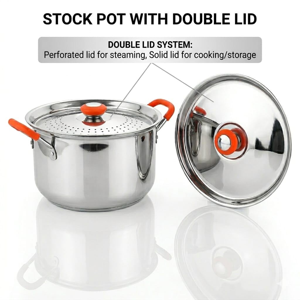 Stainless Steel Stainer Pot with Double Lid, Heavy Base 0.8 CM Rice Cooker with Locking Handles, Induction & Gas Compatible, Drain Easily, Ideal for Pasta, Noodles & Vegetables