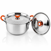Stainless Steel Stainer Pot with Double Lid, Heavy Base 0.8 CM Rice Cooker with Locking Handles, Induction & Gas Compatible, Drain Easily, Ideal for Pasta, Noodles & Vegetables