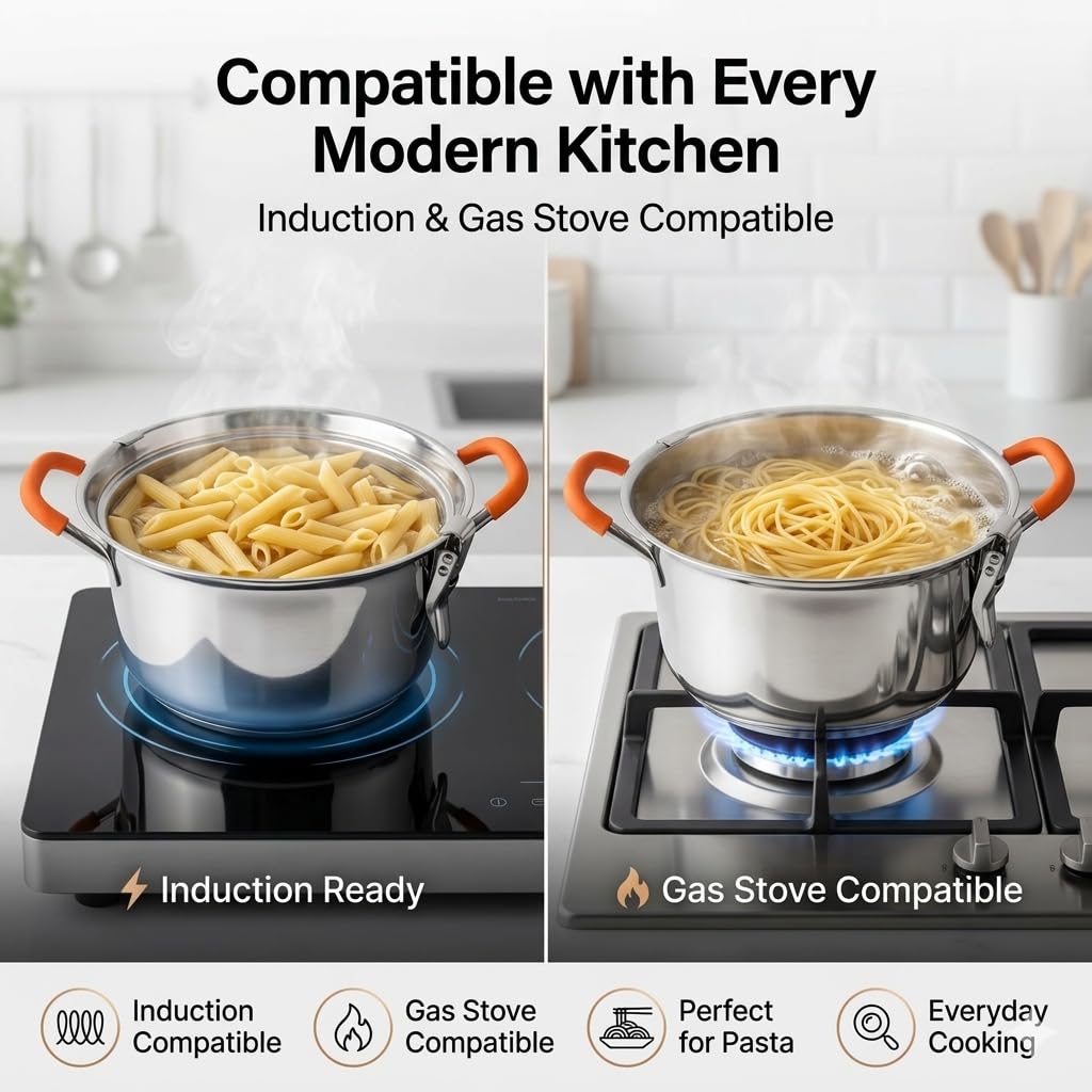 Stainless Steel Stainer Pot with Double Lid, Heavy Base 0.8 CM Rice Cooker with Locking Handles, Induction & Gas Compatible, Drain Easily, Ideal for Pasta, Noodles & Vegetables
