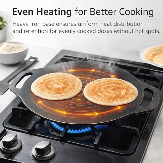 Iron Dosa Tawa with Free Turner, Heavy Duty Tava for Crispy Dosas & Chapati, Natural, Even Heat Distribution, No Chemical Coating - Black, Flat (12 inch/30.48 cm - 3mm Thick, 1.75 kg)