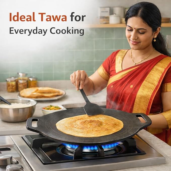 Iron Dosa Tawa with Free Turner, Heavy Duty Tava for Crispy Dosas & Chapati, Natural, Even Heat Distribution, No Chemical Coating - Black, Flat (12 inch/30.48 cm - 3mm Thick, 1.75 kg)