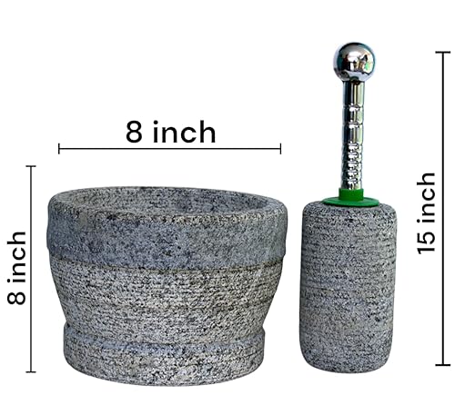 Attukallu Stone Mortar & Pestle – Grey, 8 Inch