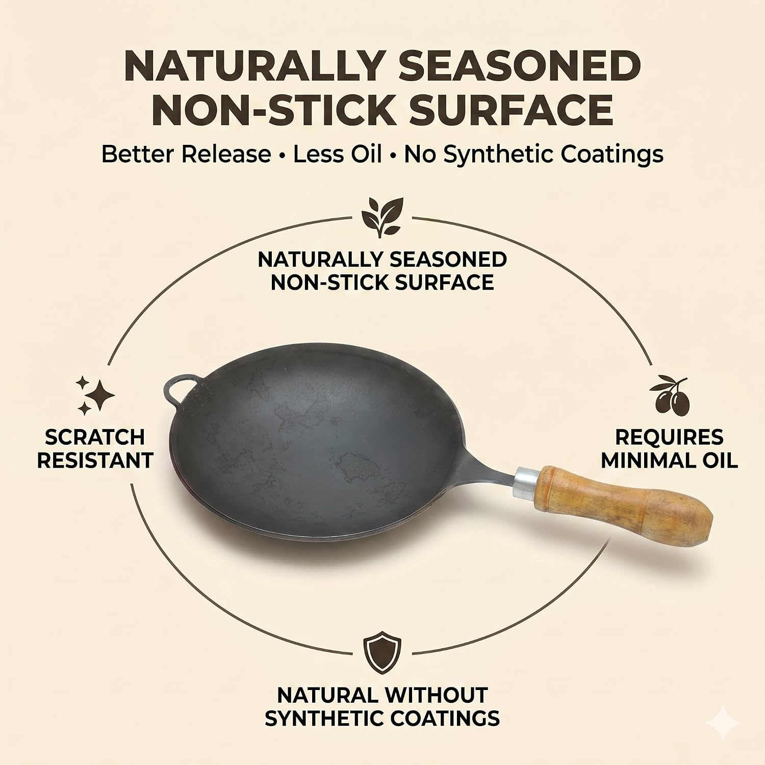 8 Inch Traditional Iron Appam Pan with Wooden Handle