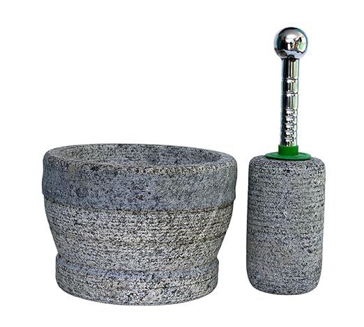 Attukallu Stone Mortar & Pestle – Grey, 8 Inch