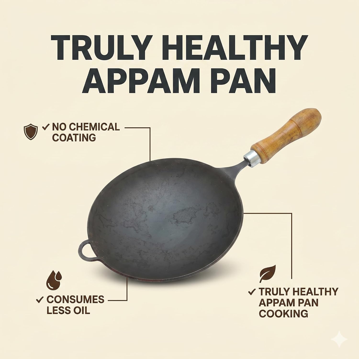 8 Inch Traditional Iron Appam Pan with Wooden Handle