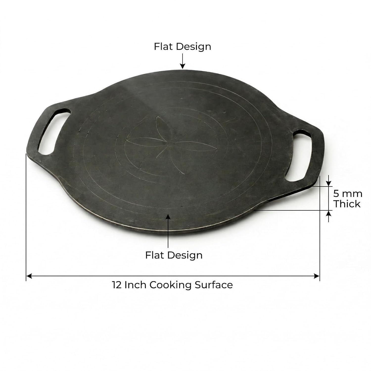 Iron Dosa Tawa with Free Turner, Heavy Duty Tava for Crispy Dosas & Chapati, Natural & Even Heat Distribution, No Chemical Coating - Black, Flat (12 inch/30.48 cm - 5mm Thick, 3.3 kg)