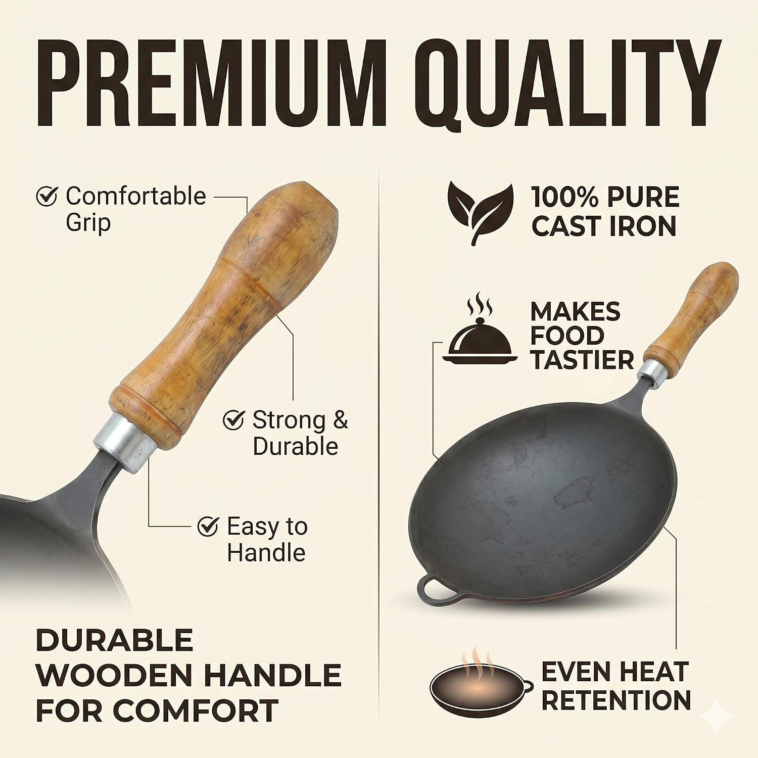 8 Inch Traditional Iron Appam Pan with Wooden Handle