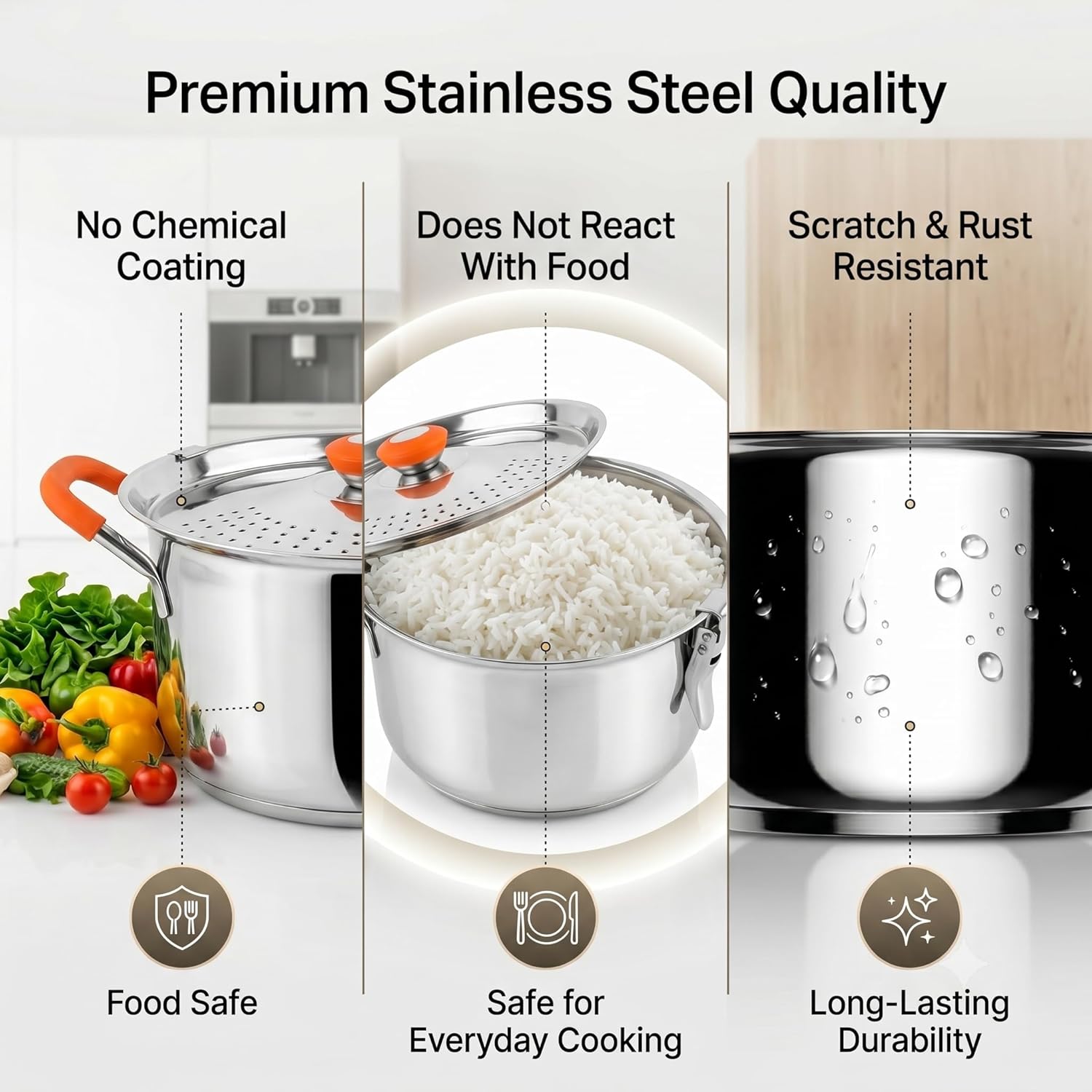 Stainless Steel Stainer Pot with Double Lid, Heavy Base 0.8 CM Rice Cooker with Locking Handles, Induction & Gas Compatible, Drain Easily, Ideal for Pasta, Noodles & Vegetables